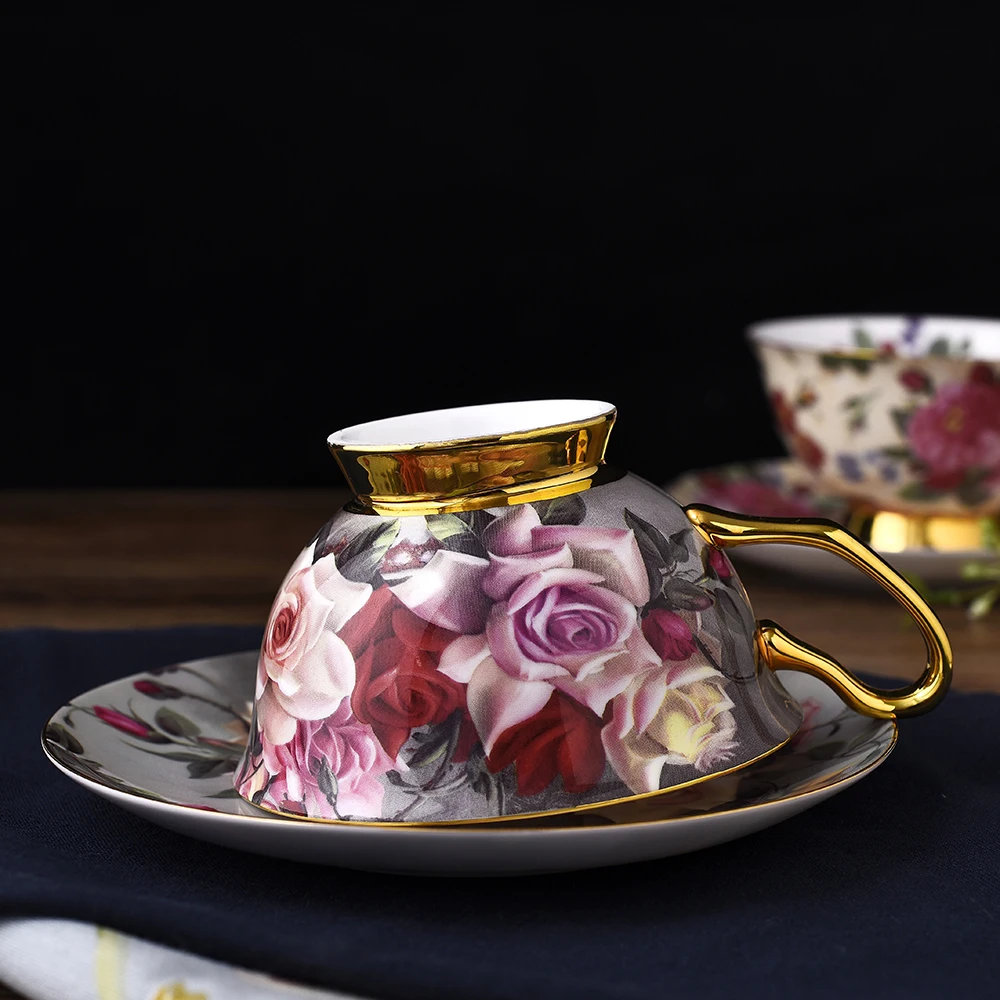 Continental Bone China Coffee Classical Retro Rose  Porcelain Coffee Tea Cappuccino Cups Set with Saucer Creative Birthday Gifts