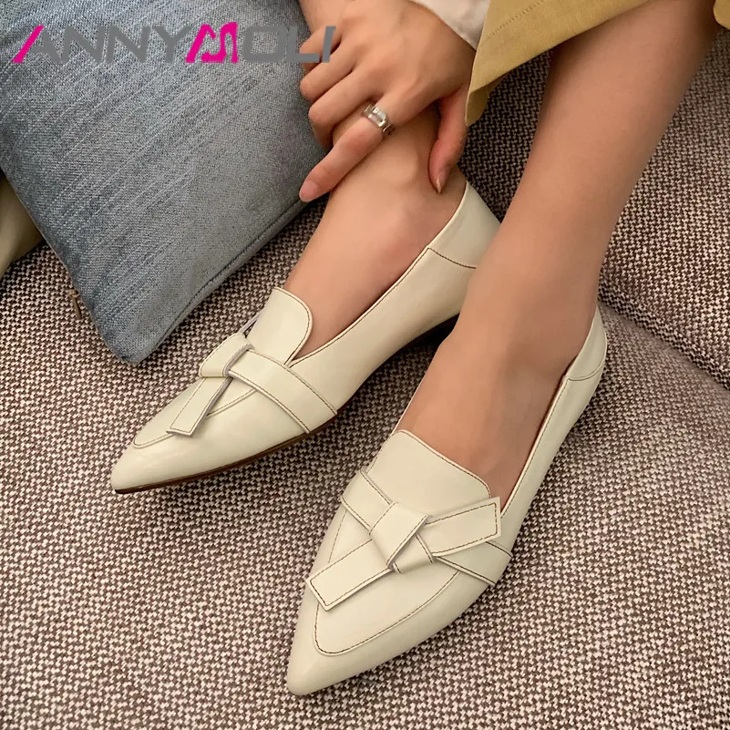 

ANNYMOLI Pointed Toe Women Shoes Flats Natural Genuine Leather Loafers Shoes Bow Slip On Flat Shoes Ladies Footwear Spring Beige