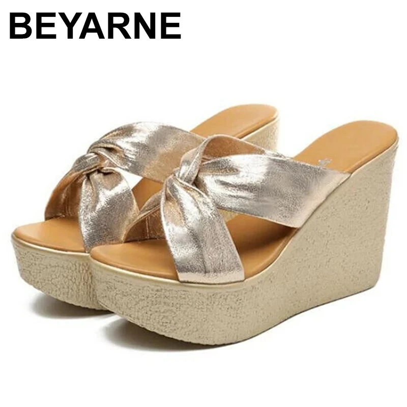 

BEYARNEWomens Ladies Platform Slippers Summer Slip On Wedge Sandals Slides 8/11cm Heels