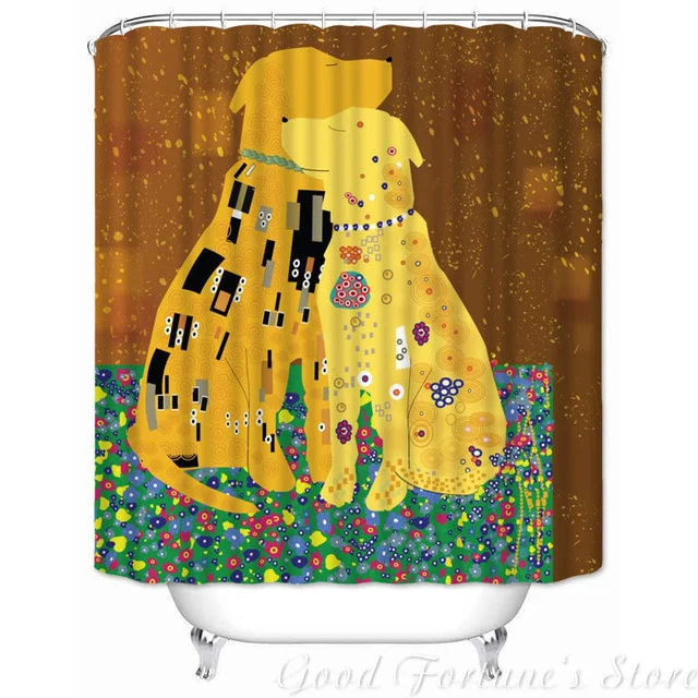 Couples Kiss Gustav Klimt Puppy And Horse Shower Curtains With Polyester Fabric Waterproof Bathroom Decor