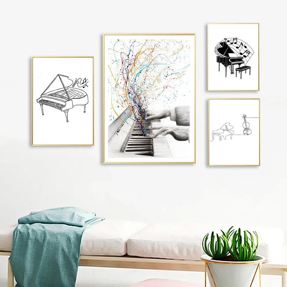 Nordic Black White Piano Abstract Line Draw Canvas Wall Art Minimalist Poster Decorative Home Picture