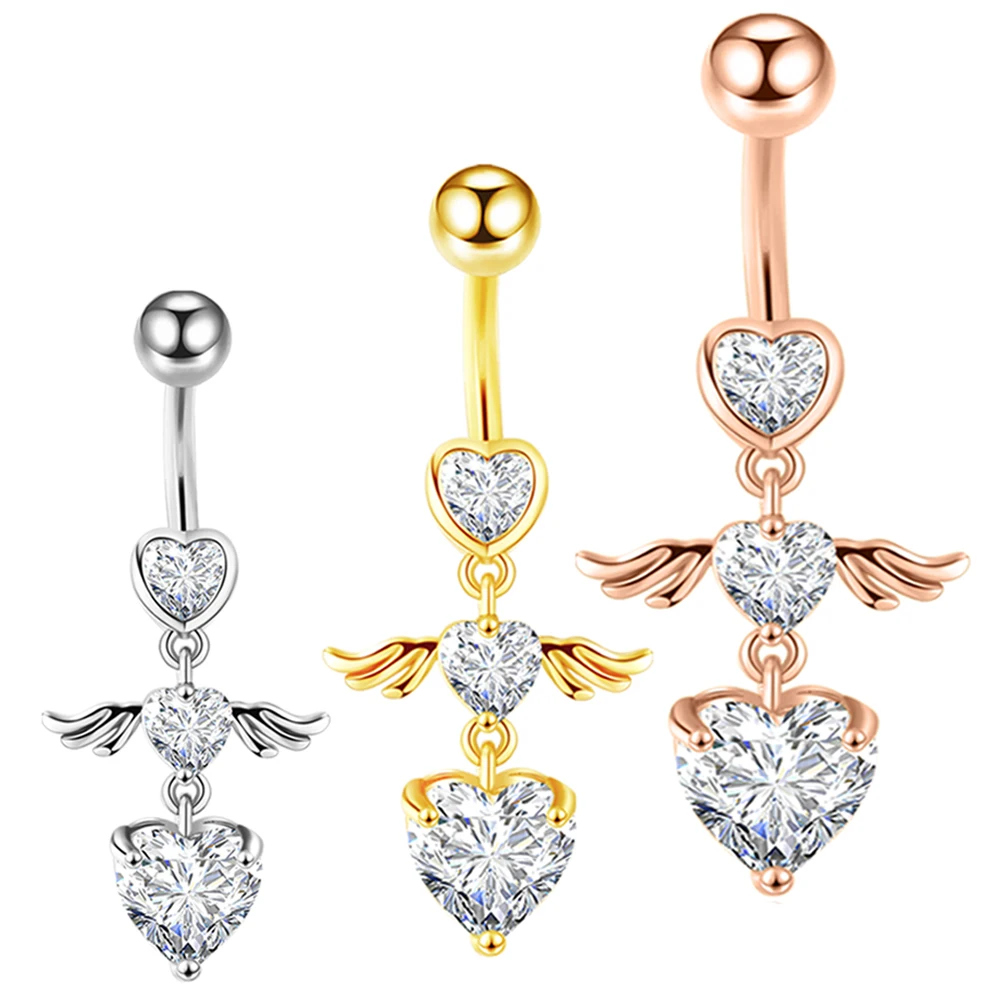 

14G Surgical Steel Belly Button Rings Round Cubic Zirconia Navel Barbell Stud Body Piercing Wholesales Angel Wings Heart