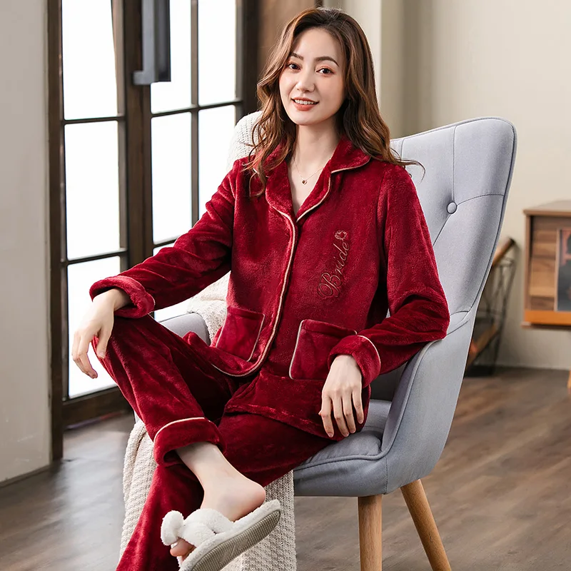 Women warm flannel pyjamas red festive bridal home clothes big yards sleepwear set long sleeve pajamas for female pijamas mujer