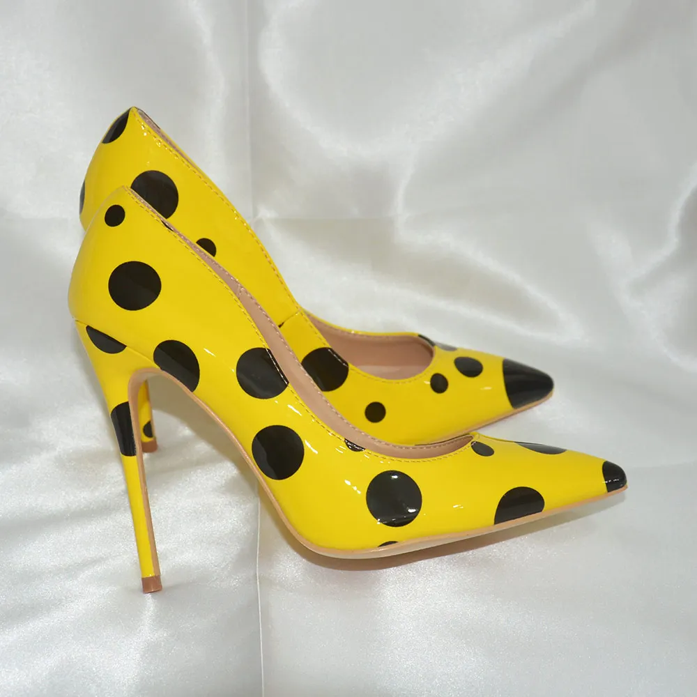 Veowalk Black Polka Dots Women Yellow Stilettos High Heels Ladies Fashion Slip On Pumps Club Party Dress Shoes Color Customized