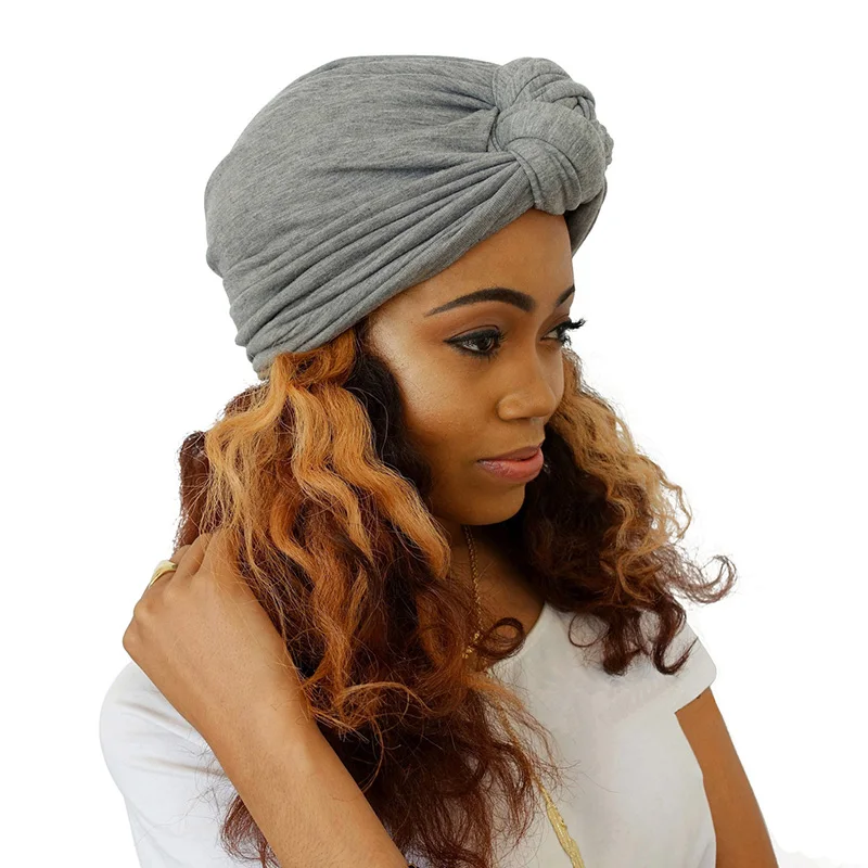 Chapéu feminino elástico turbante, top, nó, algodão, hijab, cor sólida, cachecol de cabelo, africano, faixa de cabeça torcida, chapéus de quimioterapia, acessórios para cabelo