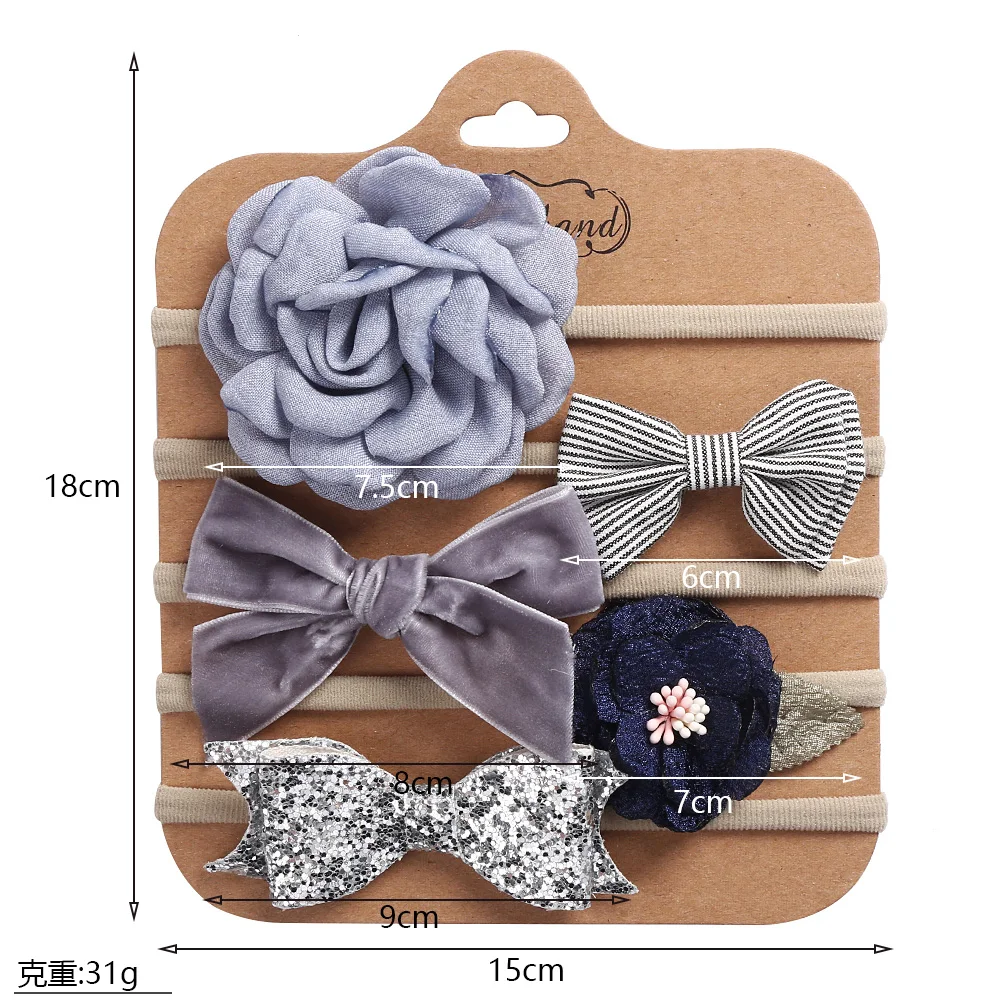 5Pcs/Set Flower Fabric Cloth Bow Print Baby Headband Elastic Nylon Hair Bands Newborn Photography Props Kids Accessories