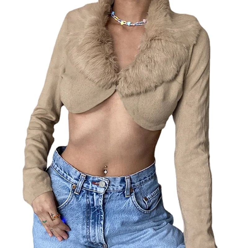 Fur Collar Crop Coats Casual Fur Coat Button Autumn Winter Cardigans Vintage Chic Harajuku Long Sleeve Y2k Tops Khaki Streetwear