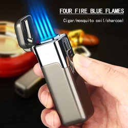 Torche en métal coupe-vent pour cigare, briquets au butane, jet de flamme bleue, réglable, luxe, quatre feux