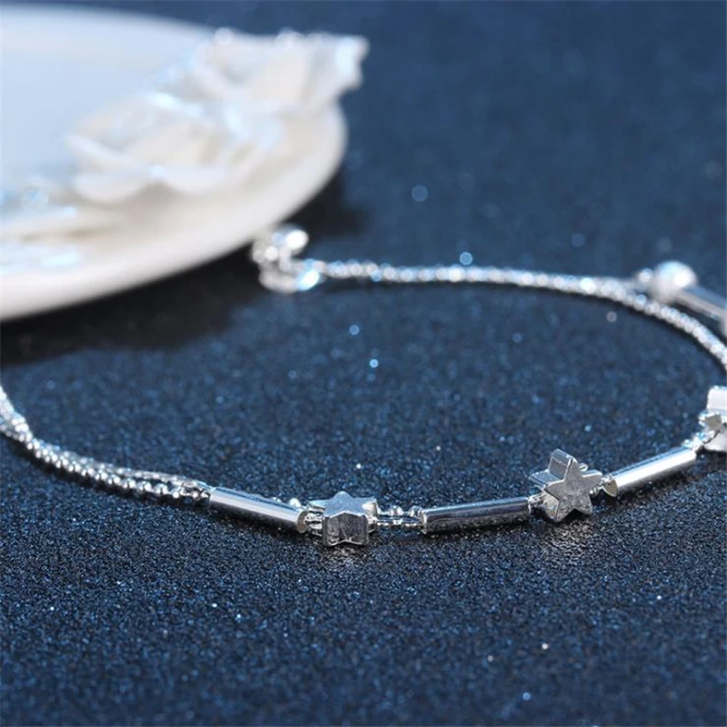 KOFSAC Fashion 925 Sterling Silver Anklets For Women Exquisite Star Small Tube Ankle Chain Jewelry Girl Summer Beach Party Gifts