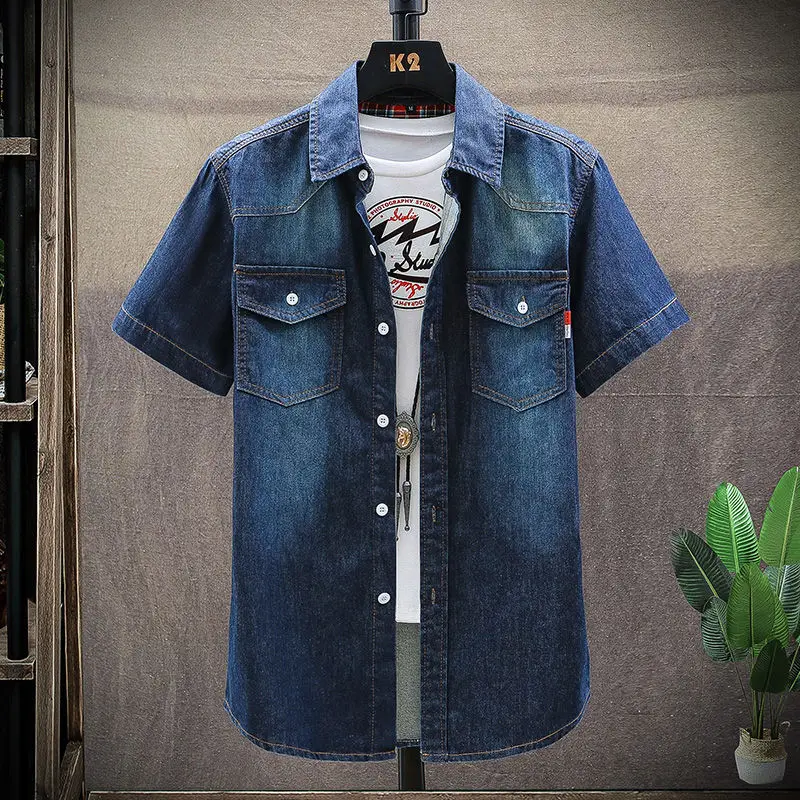 VERSMA Male Casual Short Sleeve Vintage Denim Shirt Men Chemise Camisa Slim Fit Cotton Shirt Jean Women Blouse Brand Clothes 4XL