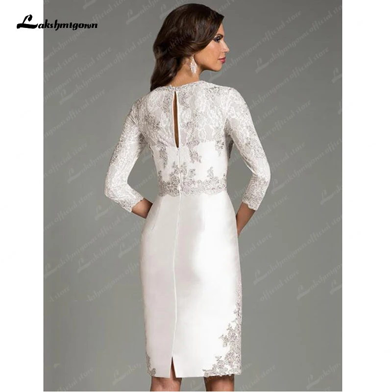 Vestido marfim na altura do joelho com renda prateada, vestido de casamento para convidados, vestidos para a mãe da noiva, curto com mangas 3/4