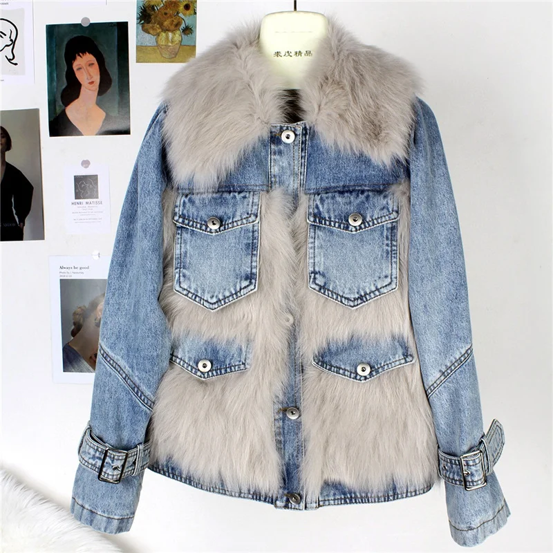 New Style Genuine Coat Natural Real Fox Fur Denim Coats Winter Jackets Women Parkas