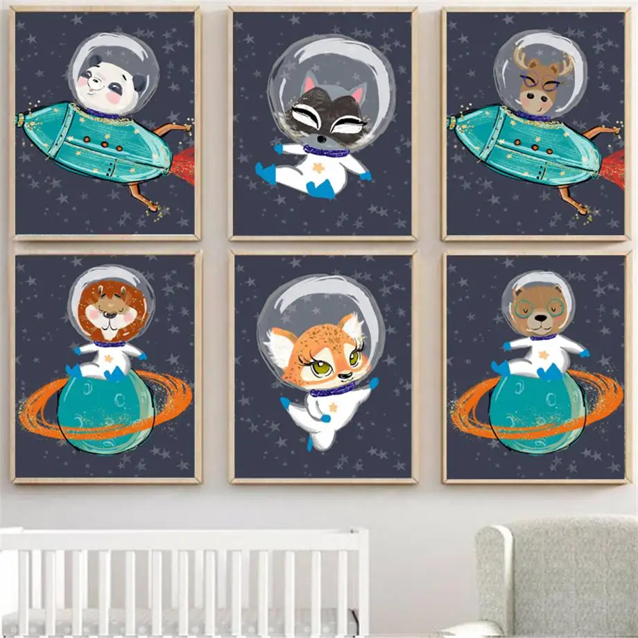 

Space Astronaut Fox Lion Bear Raccoon Deer Wall Art Canvas Painting Nordic Posters And Prints Wall Pictures Baby Kids Room Decor