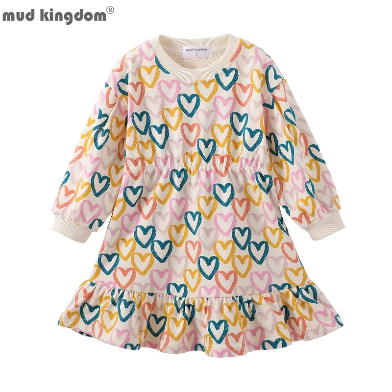 

Mudkingdom Girls Dresses Love Heart Smocked Sweatshirt Dress Long Sleeve Colorful Kids Clothes O-Neck Pullover Children Dress