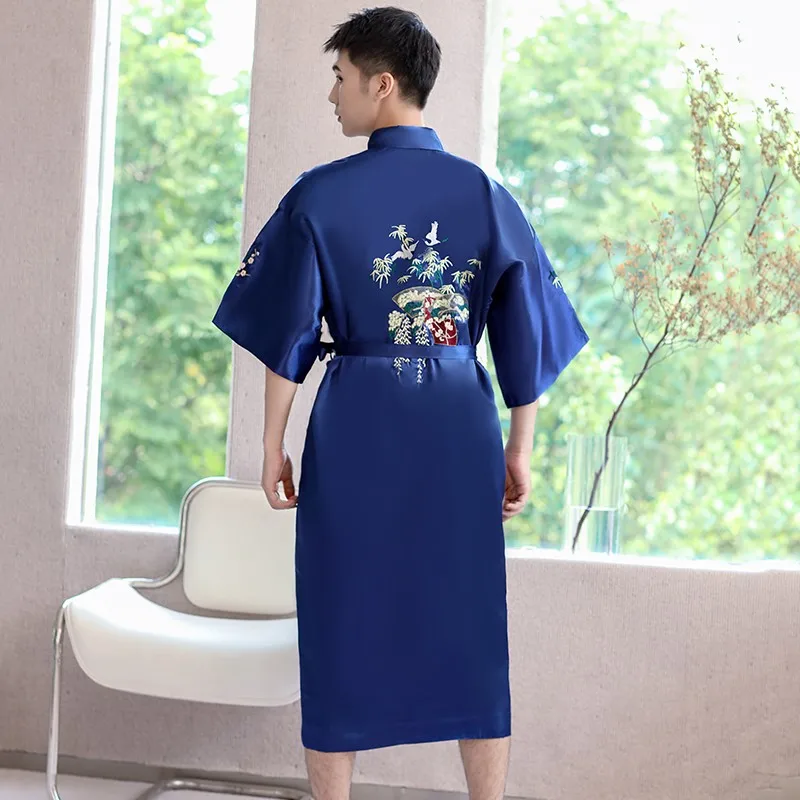 Embroidery Male Kimono Bathrobe Gown Chinese Style Sleepwear Casual Nightgown Loose Nightwear Lingerie Satin Silk Lounge Wear