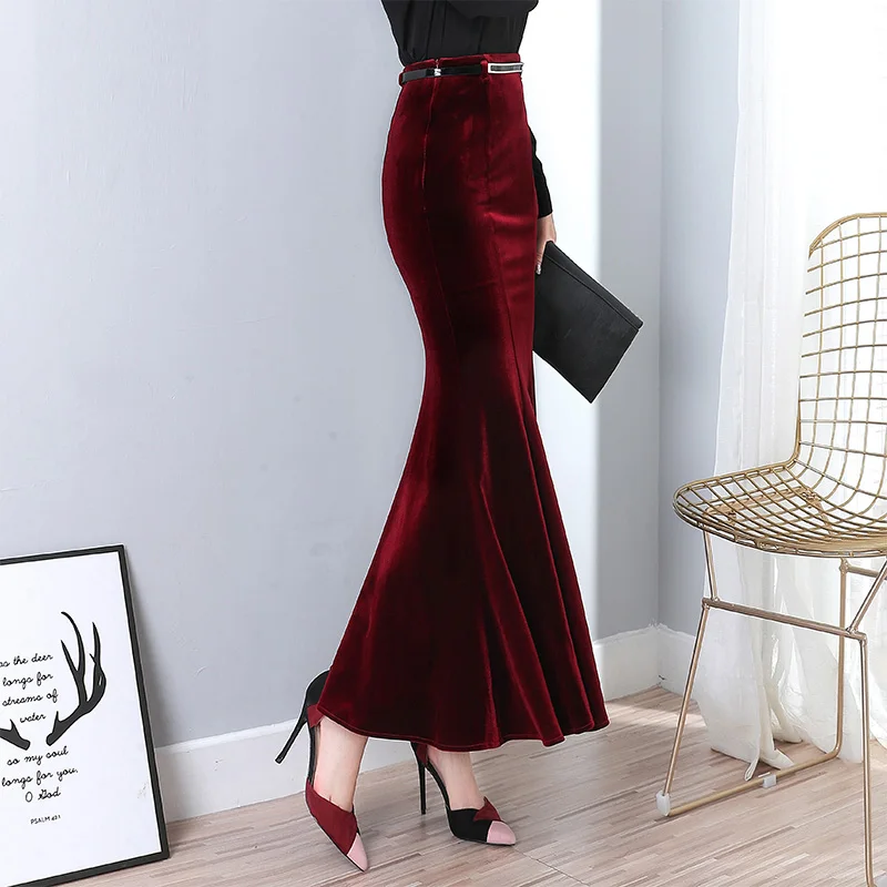 2022  Autumn Vintage Velvet Black Long Mermaid Skirt 2020 Fashion Women Elegant Velour Skirts With Belt DQ1279