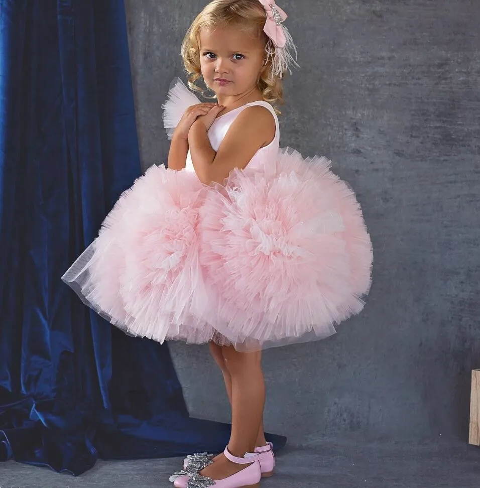 Lovely Pink Puffy Tulle Ruffles Girl Dresses for Birthday Party Toddler 1st Birthday Gown with Headpiece