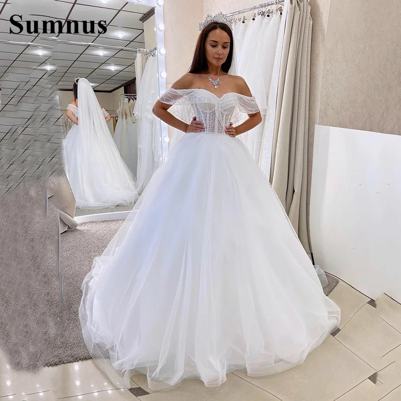 

White Tulle A Line Wedding Dresses Off the Shoulder Corset Sweetheart Bride Ball Gown Elegant Church Wedding Gowns Customized