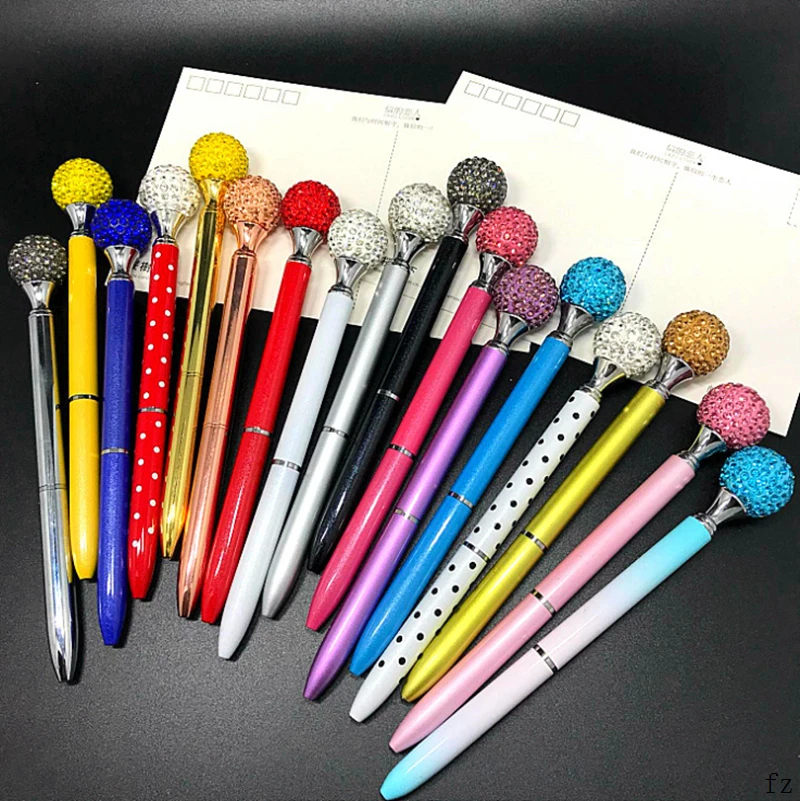 

100 Pcs Big Diamond Crystal Pen Gem Ballpoint Pen Metal Ring Roller Ball Pens Wedding Gift Office School Supplies