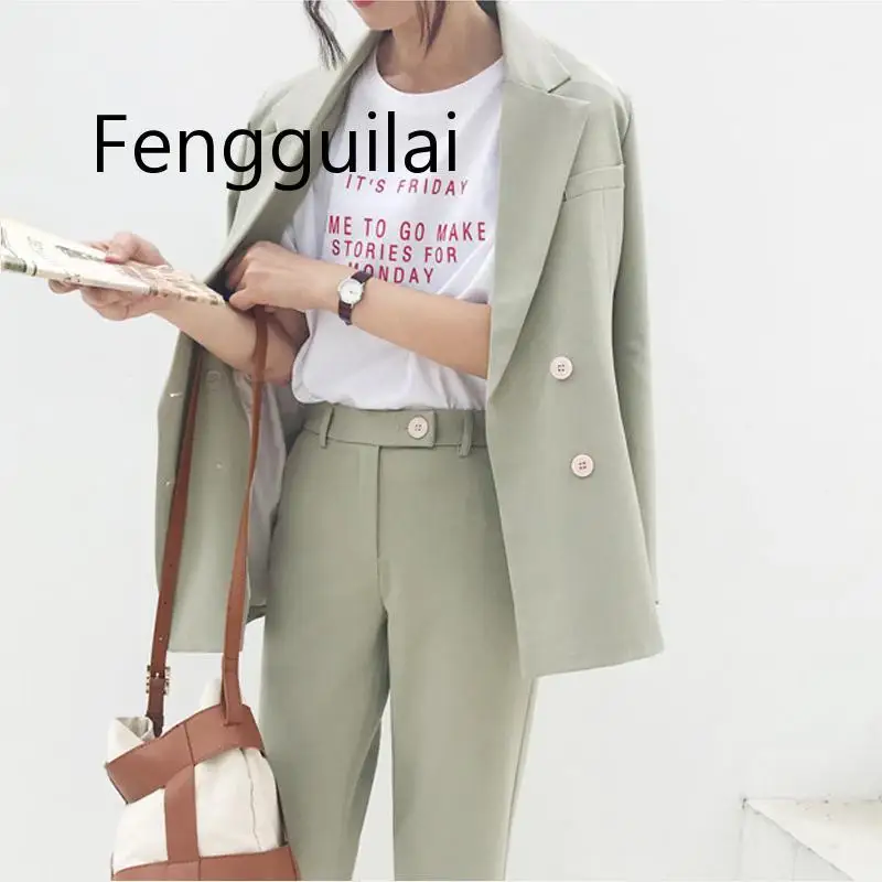 Vintage Double Breasted Women Pant Suit Light Green Notched Blazer Jacket & High Waist Pant 2020 Spring Office Wear Women Suits