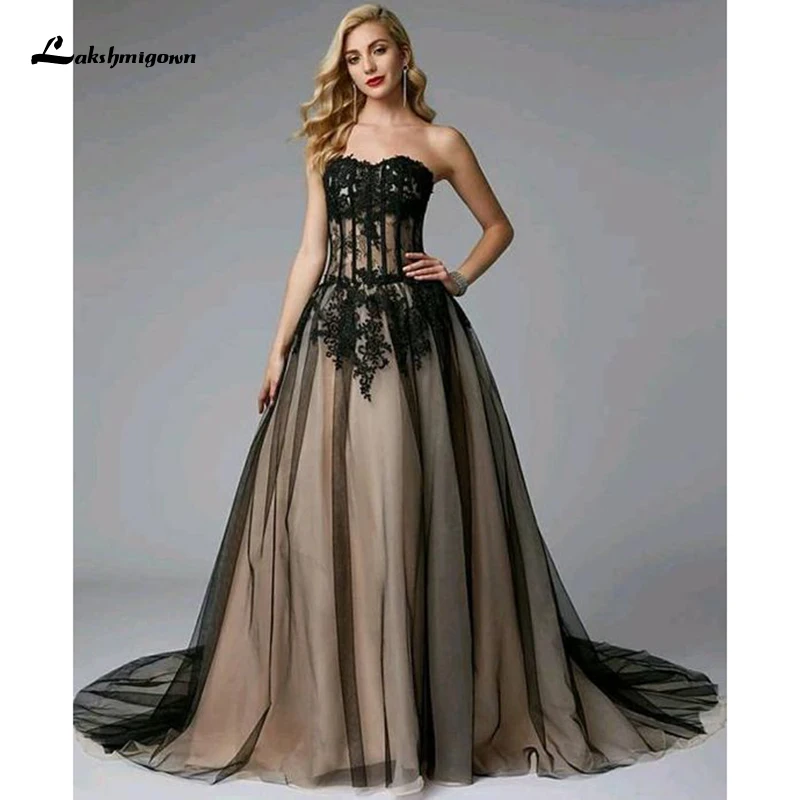 Lakshmigown Black Wedding Dress Gothic Colorful Gowns Lace Applique Strapless Customized A Line Bridal Gown robe de mariage