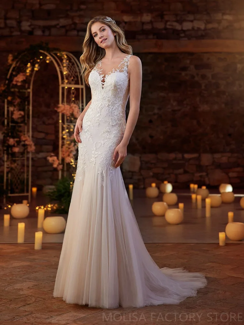 Backless Vestidos De Novia suknie ślubne na plaży 2021 syrenka V Neck tiul Appliqued tanie Sexy suknia ślubna Robe De Mariée