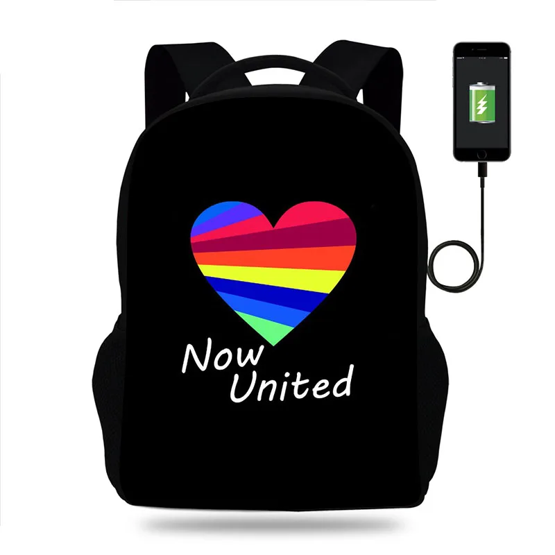 New Now United Backpack Student School Bag Teenager Book Bags Men Women Rucksack USB Travel Knapsack Mochila