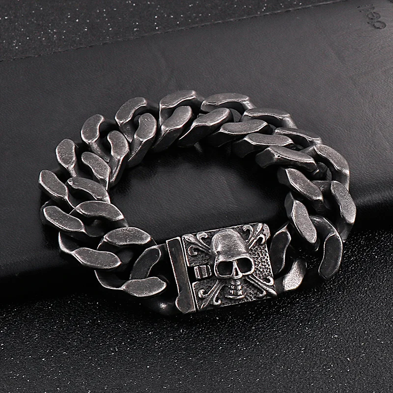 Fongten Gothic Skull Bracelets For Men Ancient Silver Color Stainless Steel Cuban Chain Heavy Bracelet Bangle Jewelry Wholesale