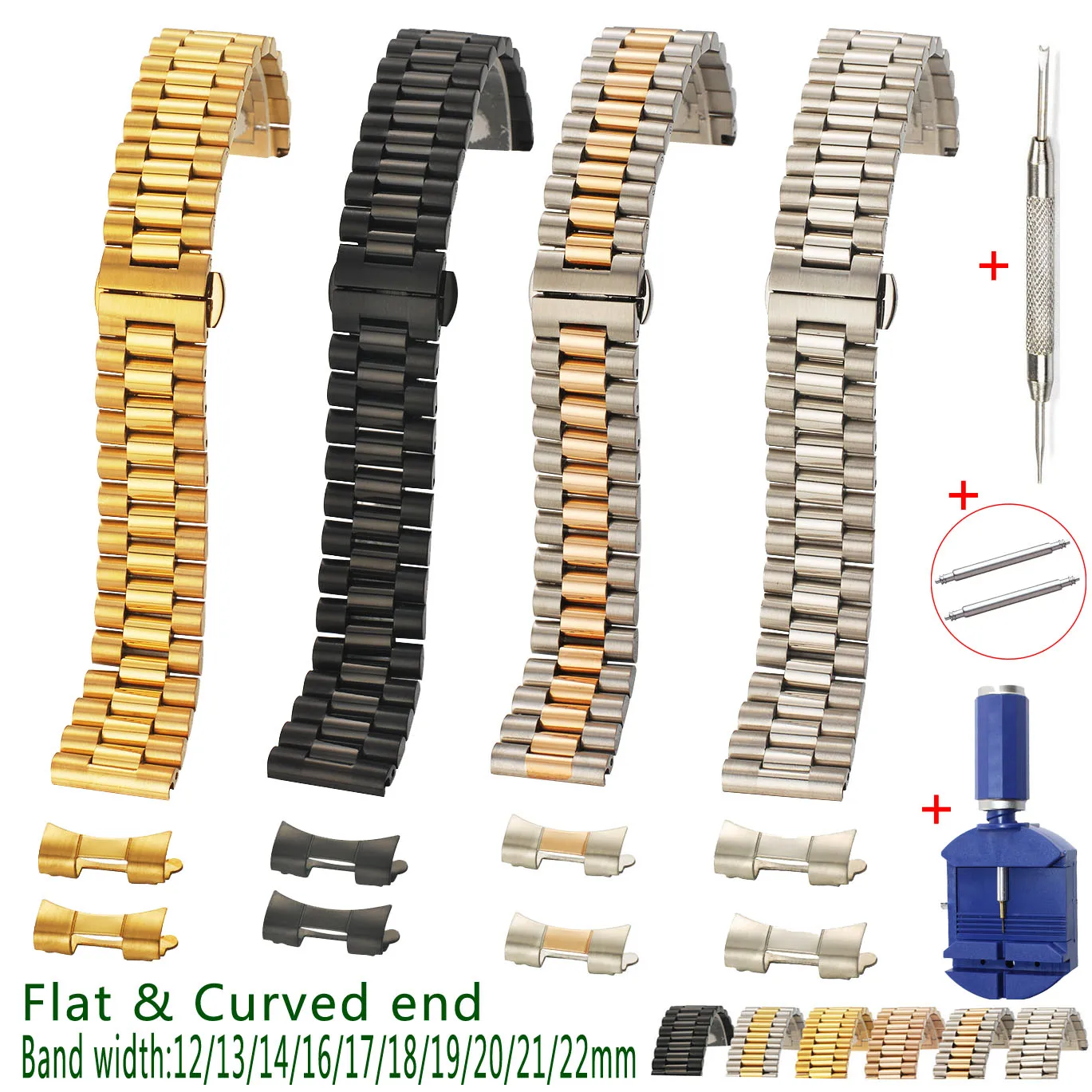 Semicircle Link Solid Stainless Steel Watch Band 12 13 14 16 17 18 19 20 21 22mm Replacement Watch Strap 3Rows with Curved End