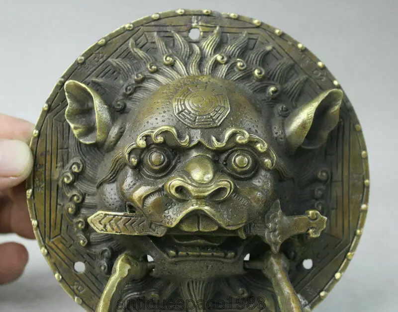 EXQUISITE Chinese OLD Dynasty Feng Shui Bronze Foo Fu Dog Lion Head Door Knocker