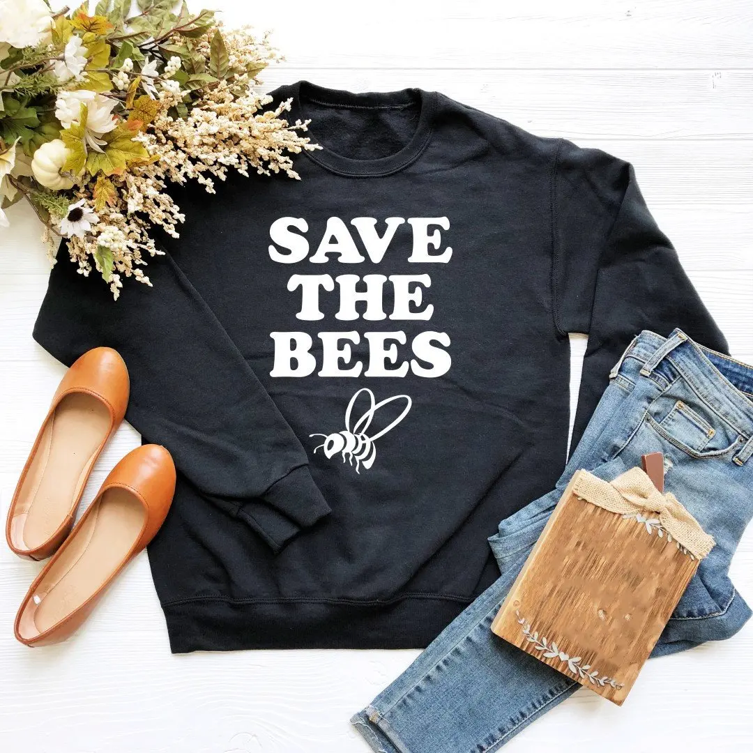 

90S Save The Bees Crewneck 100% Cotton Women Sweatshirt Full Long sleeve Top Shirt Fashion Pullover Plus Size Lady Clothing