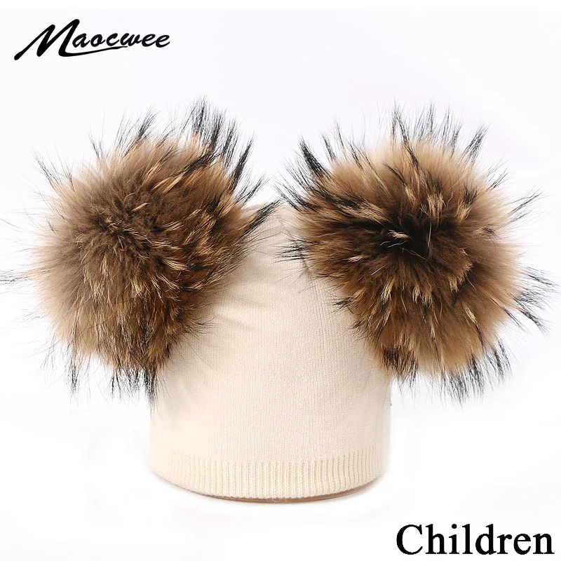 

Cute Winter Child Pompon Beanie Hat Boy Girl Knit Real Fur Double Pompon Beanie Hat Warm Baby Beanies Outdoor Thick Soft Ski Cap