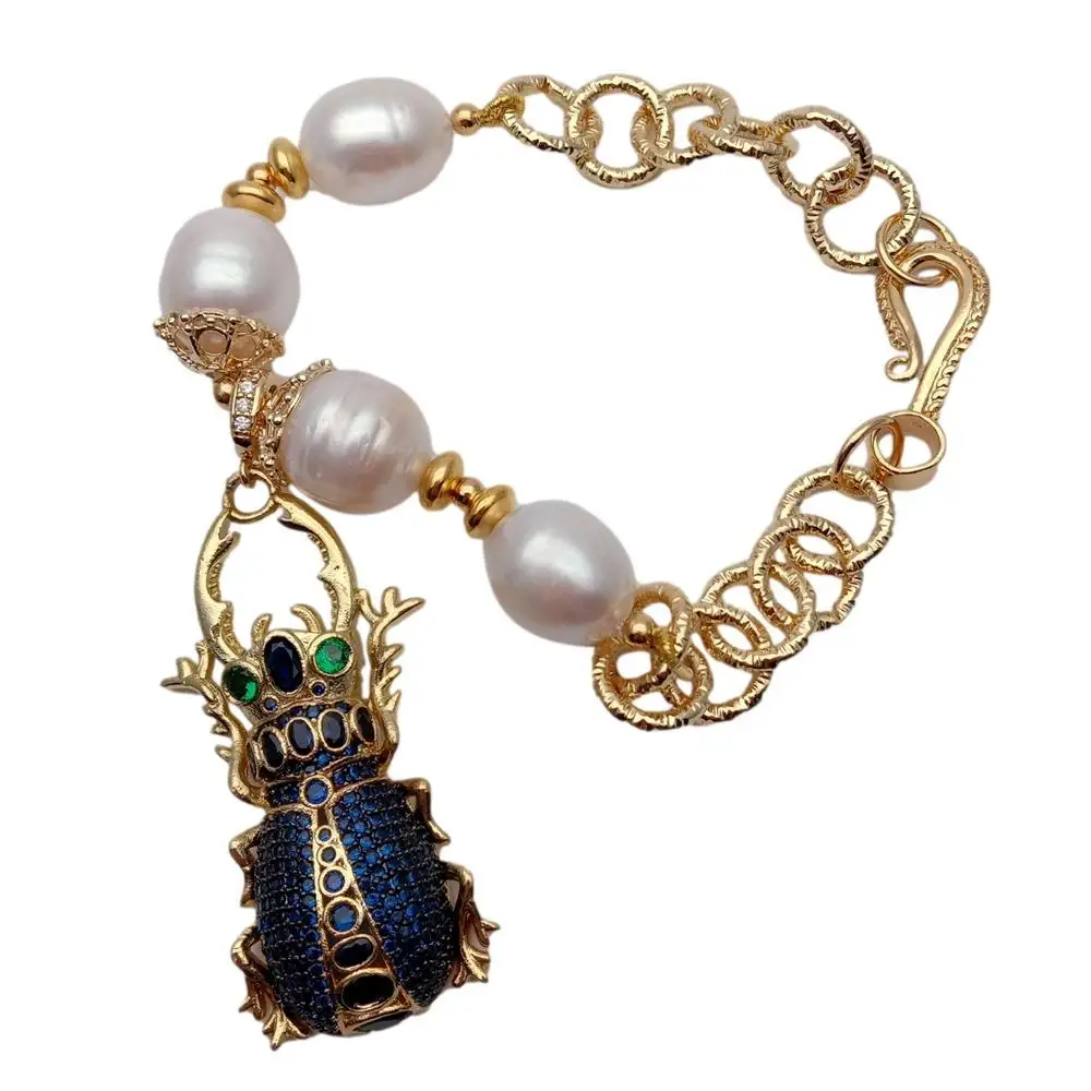 YYGEM Cubic Zirconia Pave Insect Charm Natural Freshwater Cultured White Rice Pearl Electroplated Gold Chain Bracelet  8''