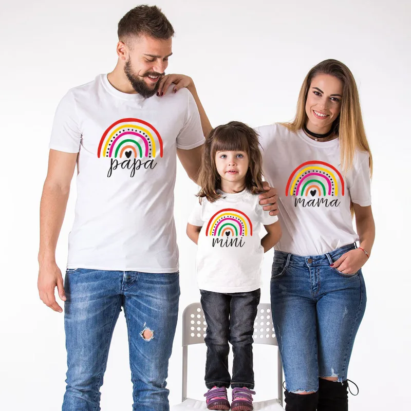 New Rainbow Father Mother Daughter T-shirts Summer Family Matching Outfits Mom Baby Mommy and Me Family Look Clothes