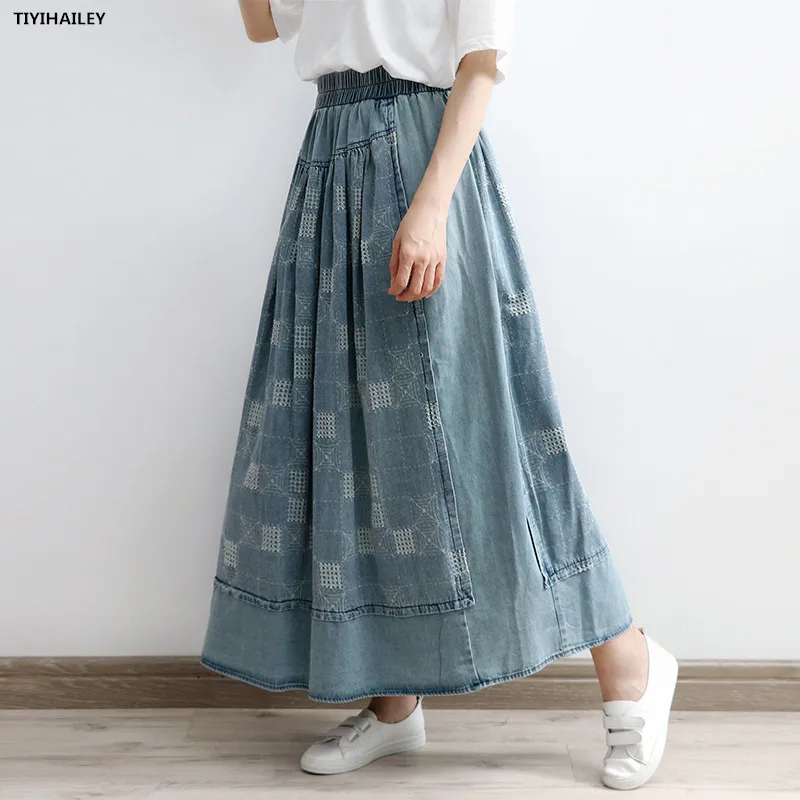 TIYIHAILEY 2024 Long Maxi A-line Skirt Women Elastic Waist Spring Autumn Denim Jeans Vintage Skirt With Pockets