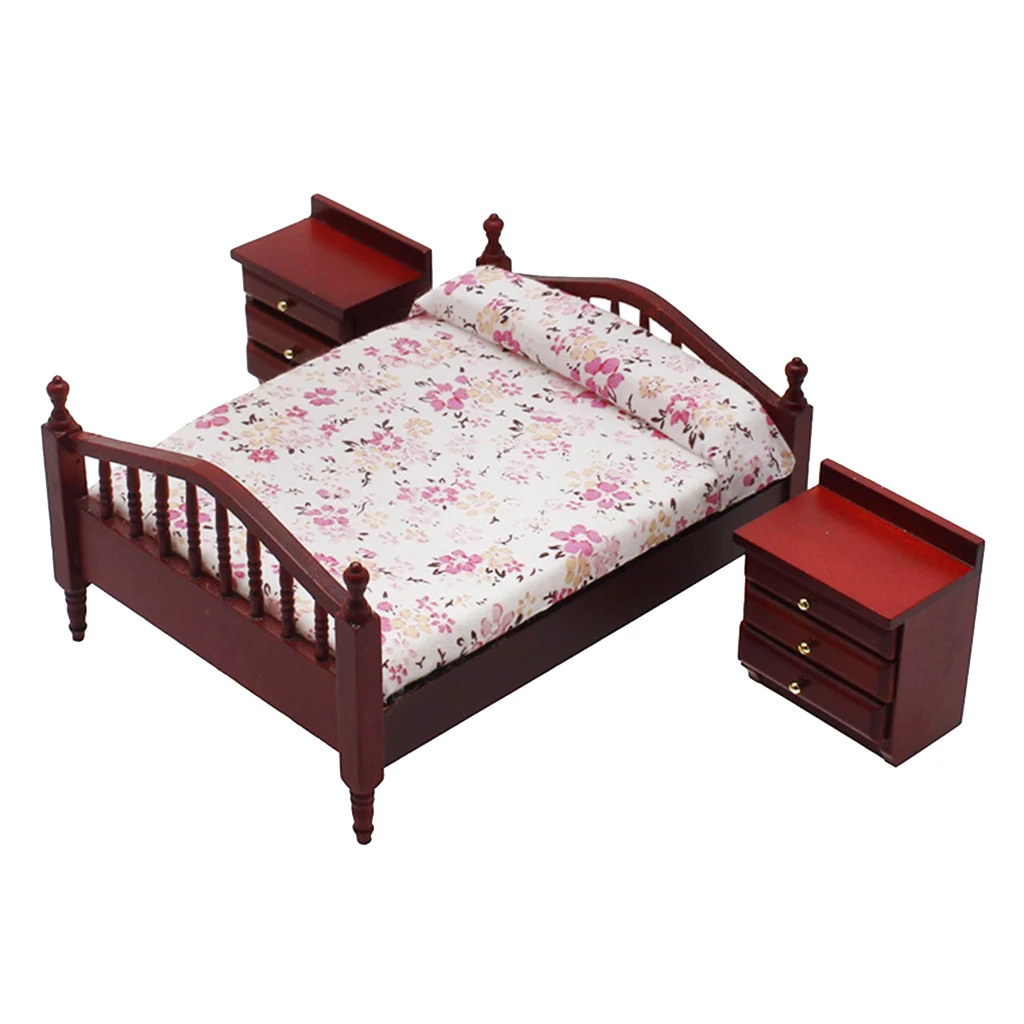 1/12 Dollhouse Miniature Furniture European style Wooden Bed Bedside Table Bedroom Model DIY Accessory