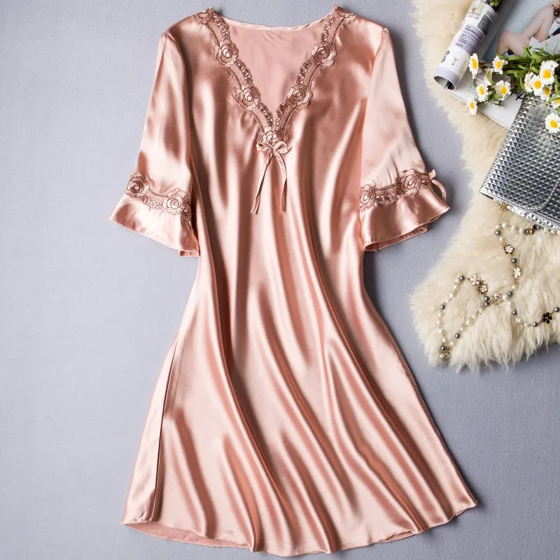 Summer New Silky Satin Women Nightgown Sleepwear Casual Night Dress New Arrival Shirt Sexy Nightshirt Female Sexy Home Dress