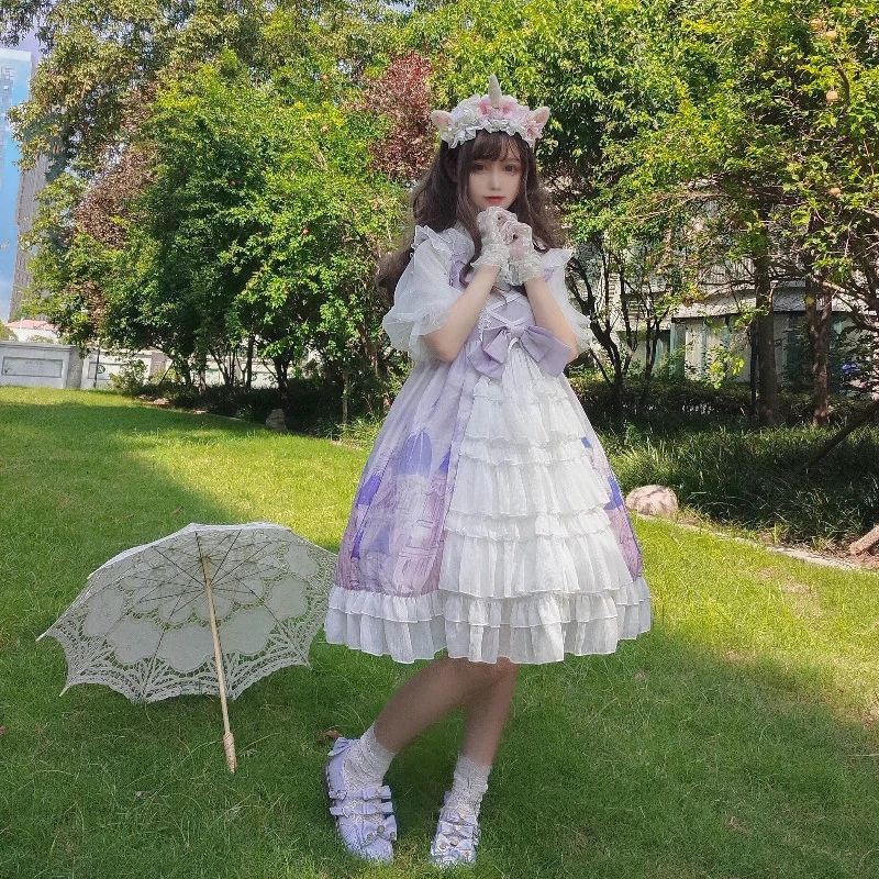 Vestido japonês Lolita JSK para mulheres, babados doces kawaii, sem mangas de fadas, vestidos de noiva princesa para meninas, lindo vestido de festa