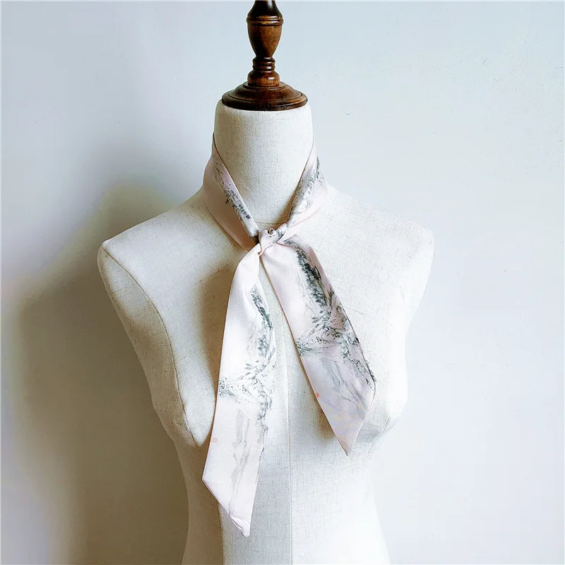 Vintage Chinese Style Silk Scarf Birds Flower Mountain Printed Handbag Ribbons Turban Long Narrow Scarf Skinny Scarves шарф