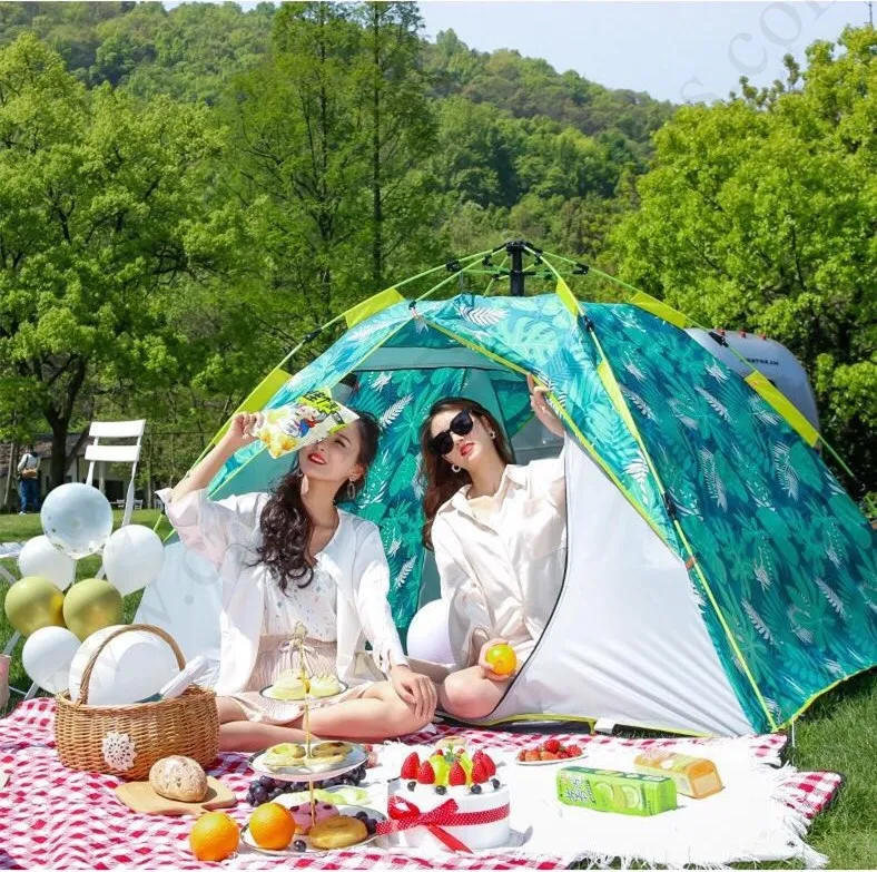 

3-4 persons anti-thunder windproof fiberglass auto open hydraulic spring outdoor anti-uv canopy liquid bomb flower print tents