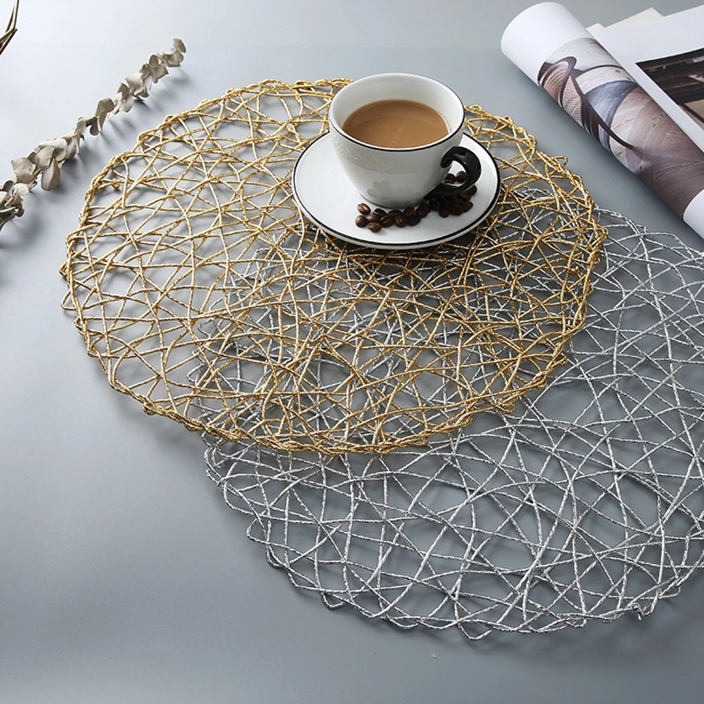 38cm Rural Table Hollow Mat Round Woven Dining Placemat Pads Dinnerware Cup Coaster Gold Silver