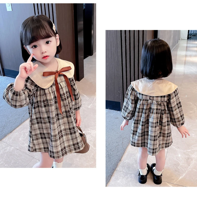 Spring And Autumn New Toddler Kids Long-Sleeved Dress For Girl Children Clothing Peter Pan Collar Plaid Dress