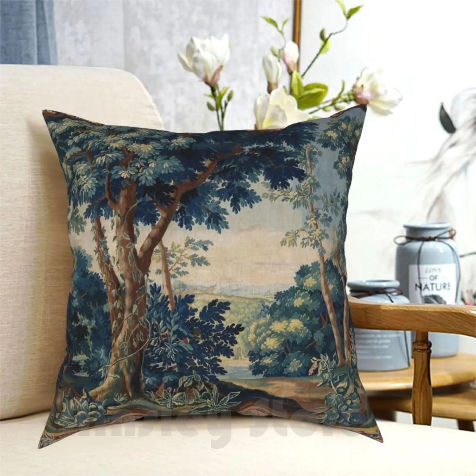 Greenery , Trees In Woodland Landscape Antique Flemish Tapestry Pillow Case Printed Home Soft Throw Pillow Trees Beauty