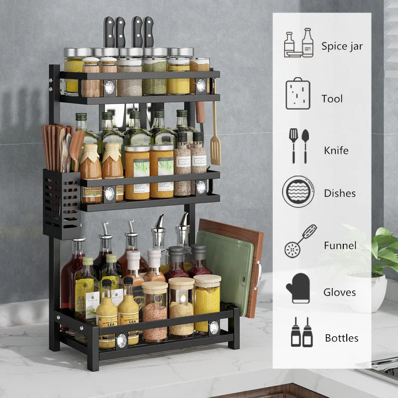 Removable Black Kitchen Shelf Multi-layer Spice Rack for Kitchen Countertop Storage Spice Storage Rack with Diamond Decoration