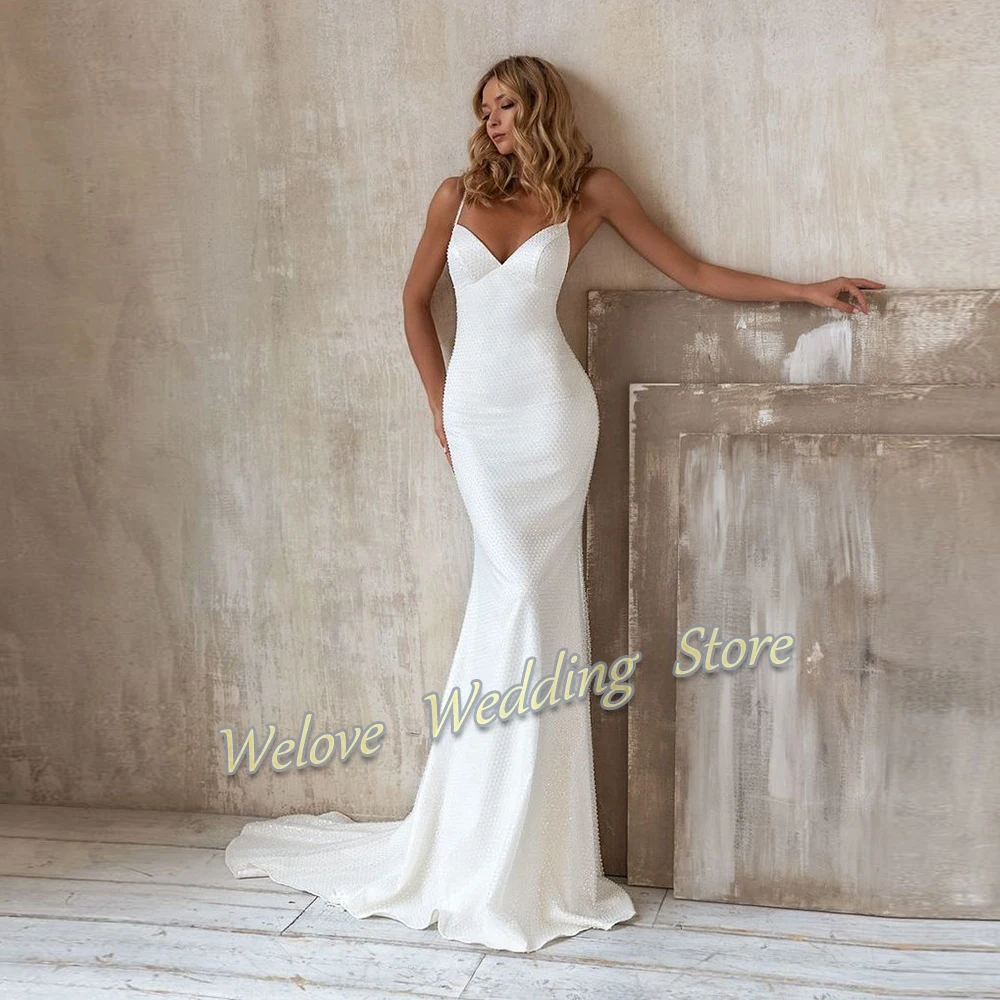 Vestido De novia blanco De sirena para mujer, ropa De novia Simple con escote en V y espalda descubierta, traje De tren De barrido, novedad De 2021