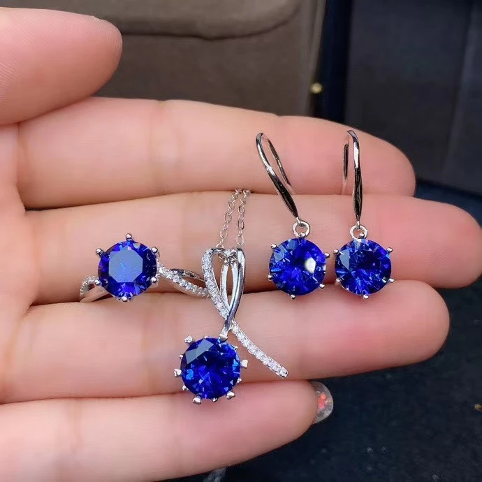 

KJJEAXCMY fine Jewelry 925 sterling silver inlaid natural sapphire trendy pendant ring earring set support test party gift style