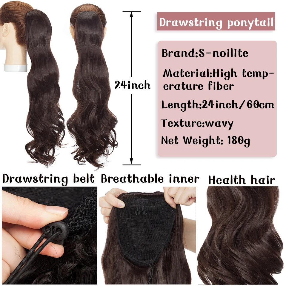 S-noilite Synthetic 24inch Long Wavy Ponytail Hair Extension Drawstring Clip In Hairpiece Body Wave Ponytail For Woman