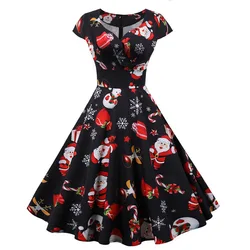 Women Christmas Party Dress  Short Sleeve V Neck Elegant Vintage Print Xmas New Year Prom Sundress  3XL Robe