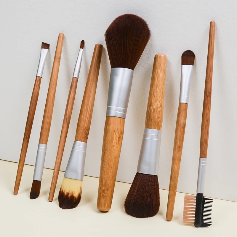 

8pcs Natural Bamboo Handle Makeup Brushes Make Up Tool Set For Cosmetics Blush Powder Eyeshadow Kabuki Blending Beauty Tool Bag