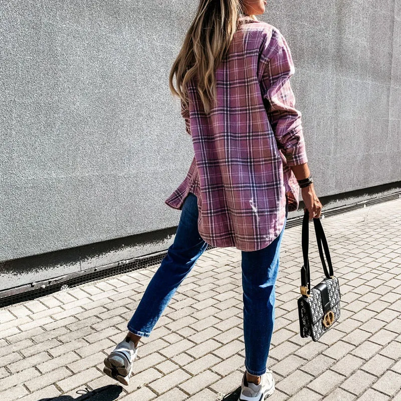 Women Blouses Autumn And Winter Loose Casual Retro Tops All-Match Plaid Long-Sleeved Shirt Jacket 3 Colors Chic New